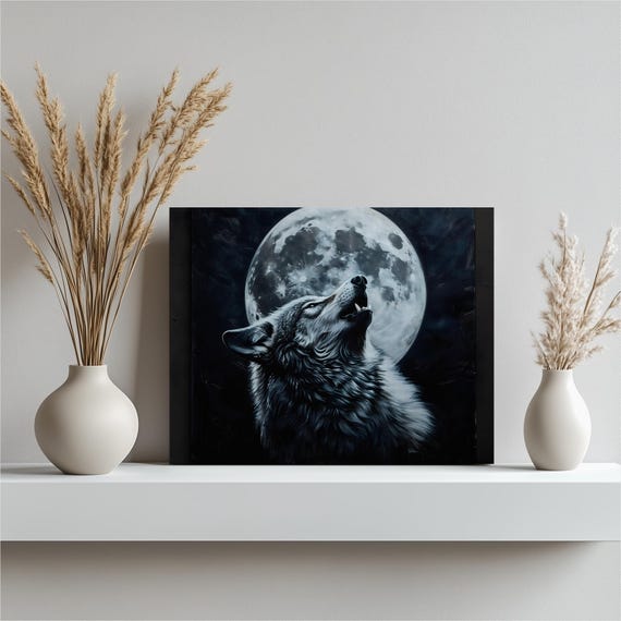 Wolf Full Moon Canvas Wall Art Dramatic Night Sky Wildlife Painting For Rustic Cabin Decor And Nature Lovers Lunar Gift Him Or Her