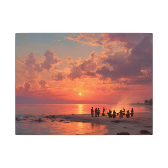 Honduras Sunset Beach Canvas Wall Art Tropical Drum Circle Bonfire Coastal Seascape Print Serene Ocean Horizon Palms Evening Sky Decor