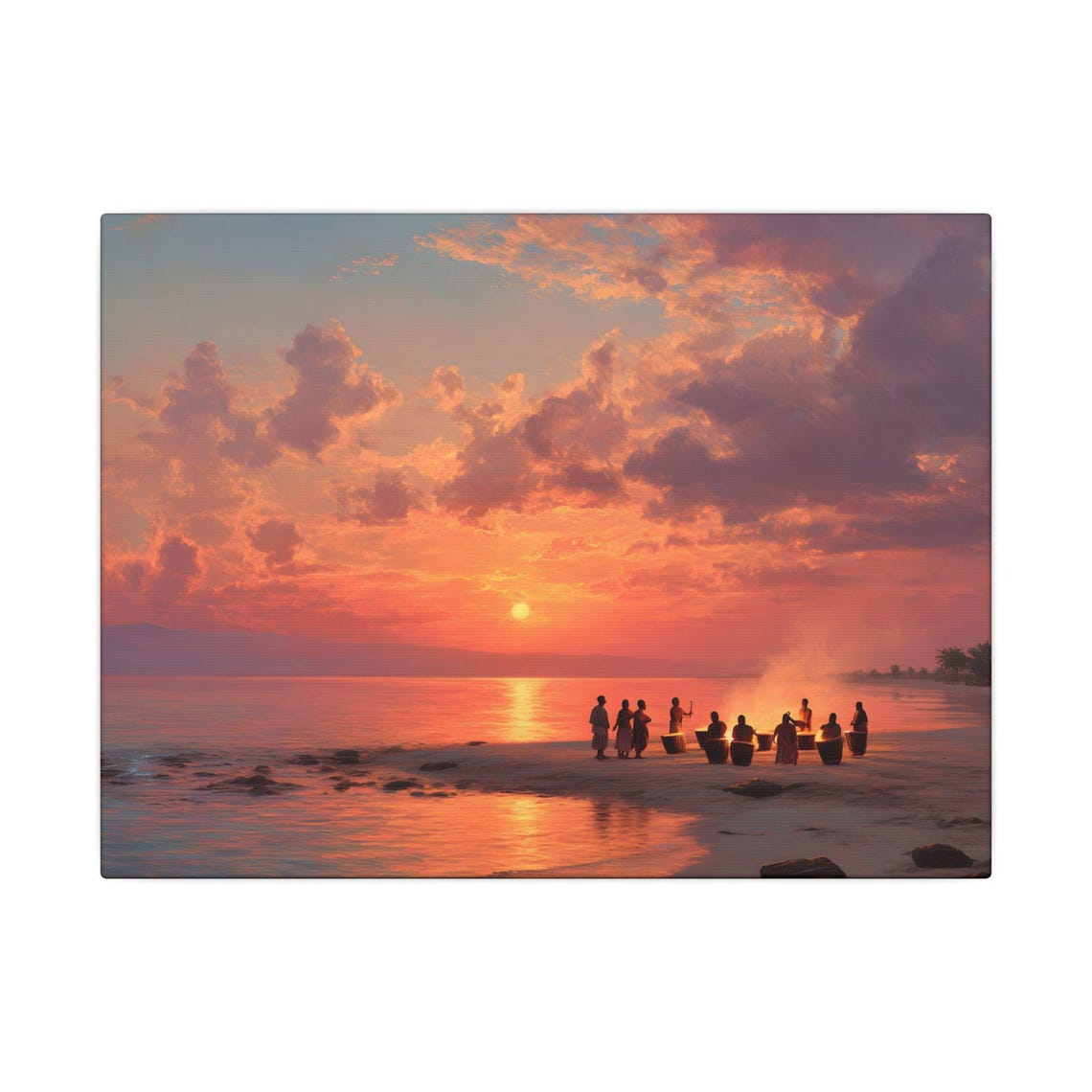 Sunset Beach Drum Circle Silhouette Tropical Ocean Art Poster