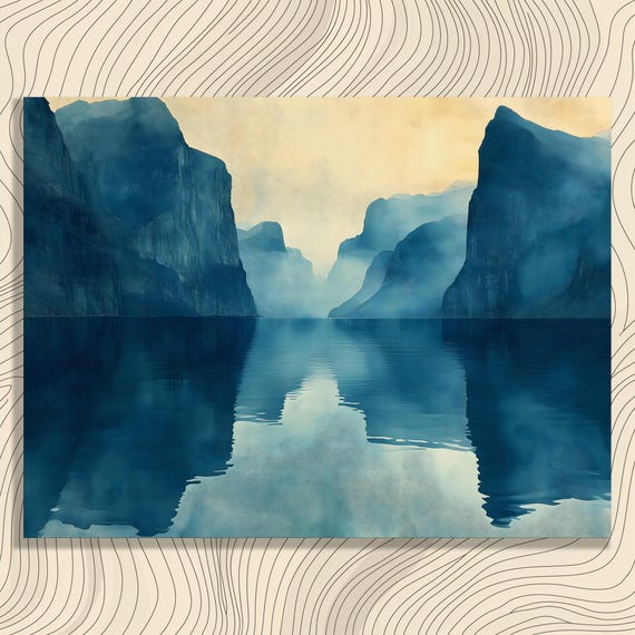 Misty Mountain Canvas Wall Art Modern Landscape Reflection Print Tranquil Nature Decor Serene Water Horizon Scene Blue Beige