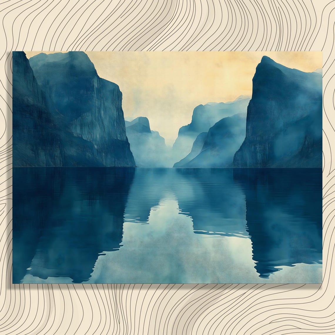 Misty Blue Fjord Cliffs Still Water Reflection Modern Landscape Poster