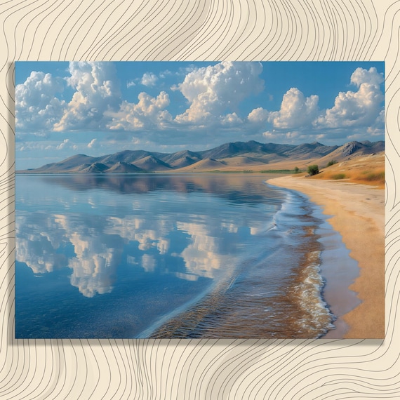 Serene Lake Beach Painting With Mountain Reflection Under Big Sky Print