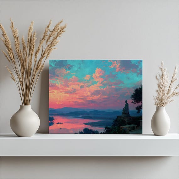 Buddha Sunset Landscape Canvas Wall Art Serene Zen Meditation Decor Colorful Mountain River Reflection Pastel Clouds Contemporary Print