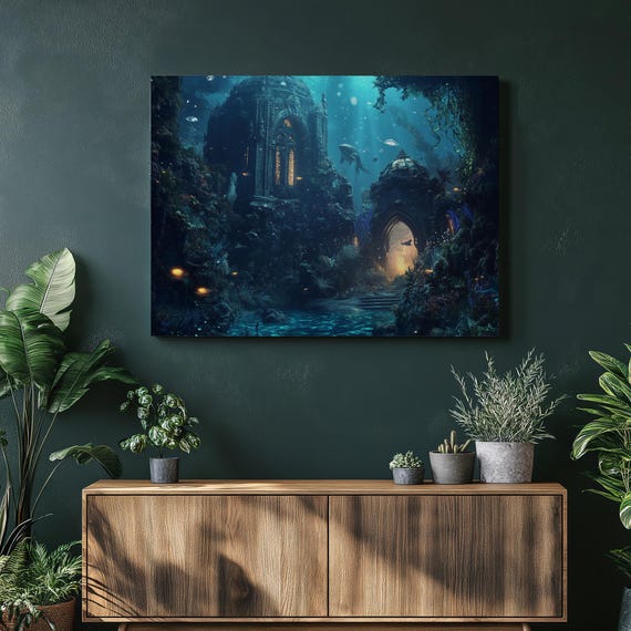Underwater Temple Canvas Wall Art Ancient Mystery Decor Glowing Fish Artwork Bioluminescent Plants Print Deep Sea Fantasy Highly