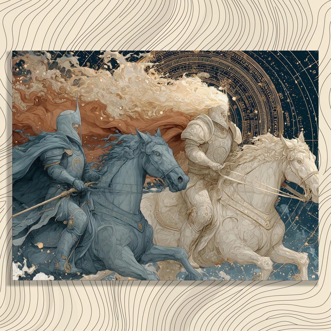 Medieval Knights on Horseback Celestial Map Dark Fantasy Art Poster