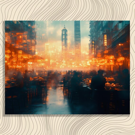 Vibrant Urban Cityscape Canvas Wall Art Evening Dining Lanterns City Skyline Reflection Print Contemporary Impressionism Travel Decor Gift