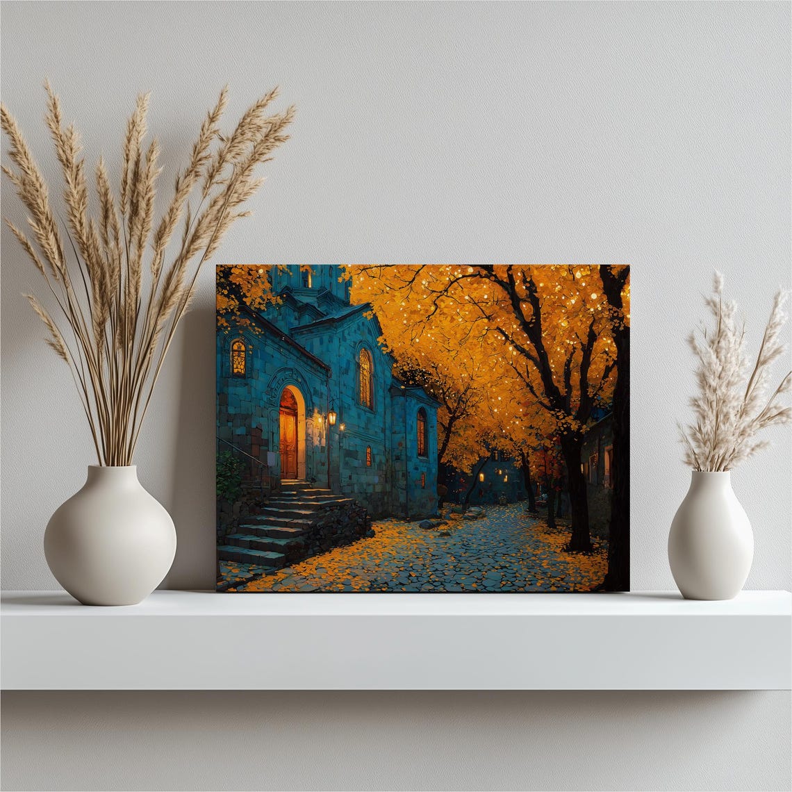 Autumn Night Old Stone Church Golden Trees Cobblestone Wall Art