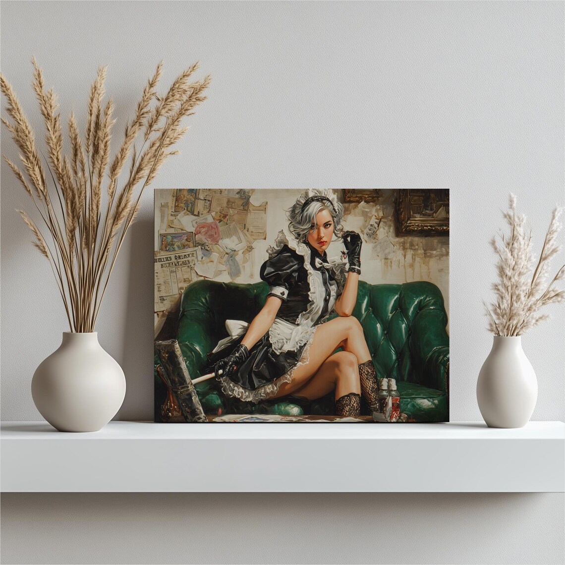 Vintage Pin Up French Maid Green Sofa Retro Glamour Art Poster