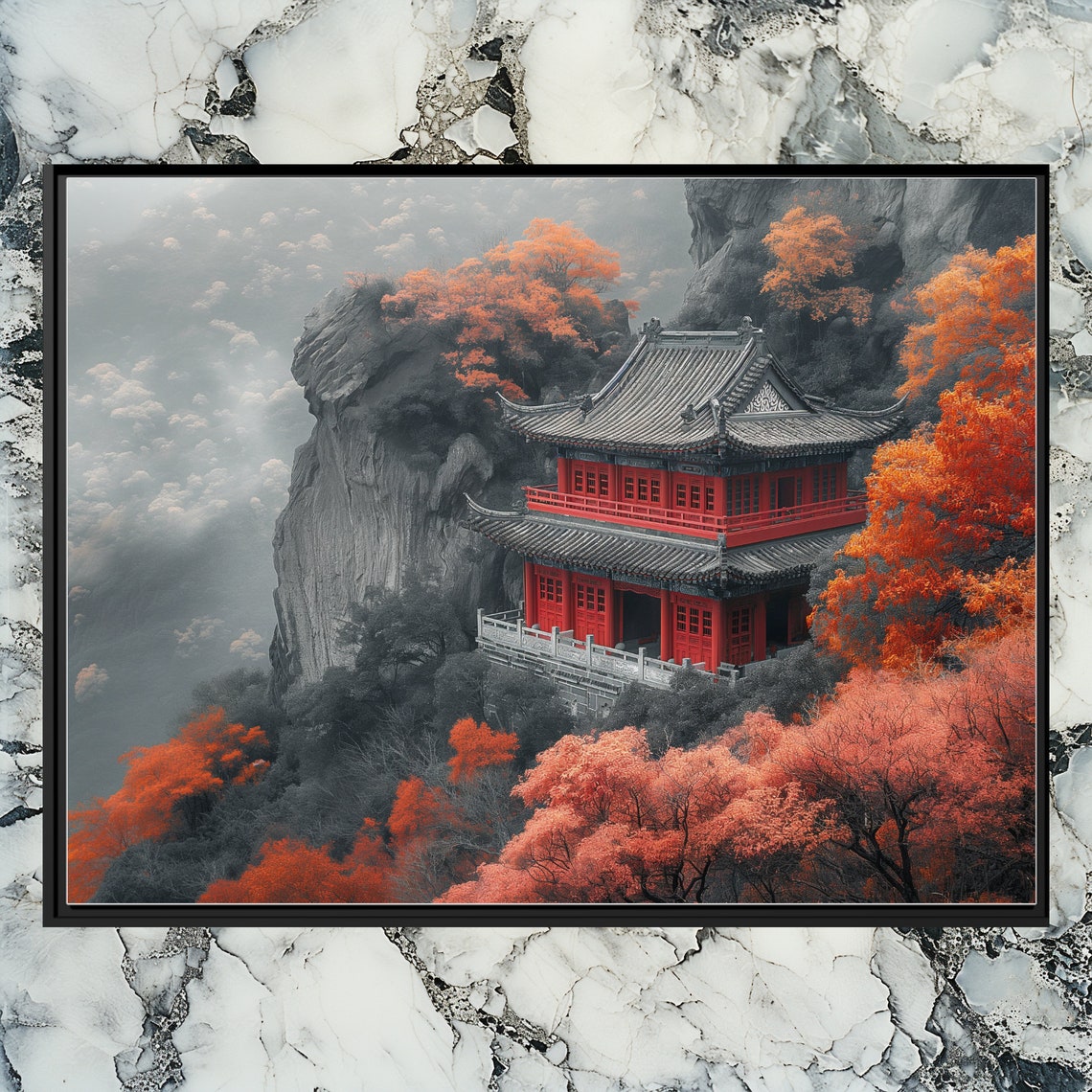 Red Chinese Pagoda Temple Autumn Mountain Orange Foliage Poster