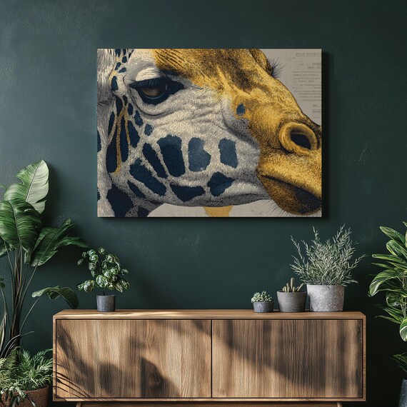 Giraffe Portrait Canvas Wall Art Modern Wildlife Print In Gold And Blue Safari Animal Artwork Contemporary Decor Painting Gift