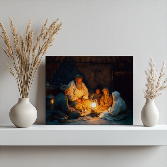 Nomadic Family Lantern Light Yurt Interior Warm Oil Painting Wall Art