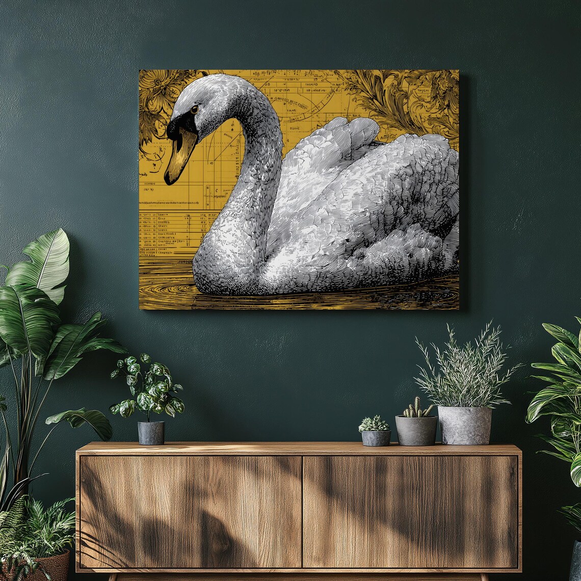 Swan Engraving Black and White on Gold Parchment Bird Art Poster