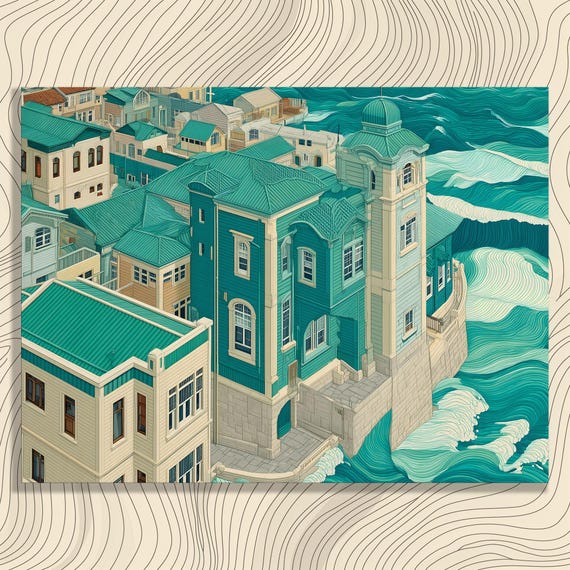 Coastal Architecture Canvas Wall Art Modern Teal And Beige Seaside Town Print Decor Gift For Travel Lovers Ocean Waves Painting