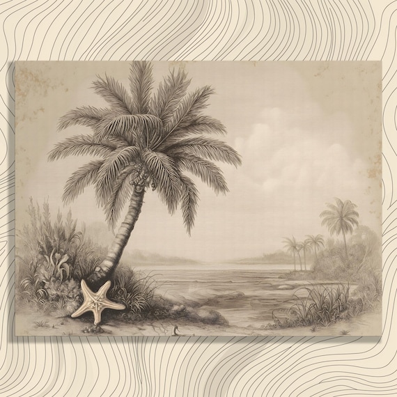 Tropical Beach Palm Tree Starfish Sepia Vintage Coastal Poster