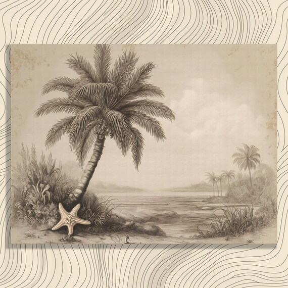 Vintage Tropical Beach Canvas Wall Art Sepia Palm Tree Starfish Print Coastal Decor Painting Ocean Horizon Artwork Gift