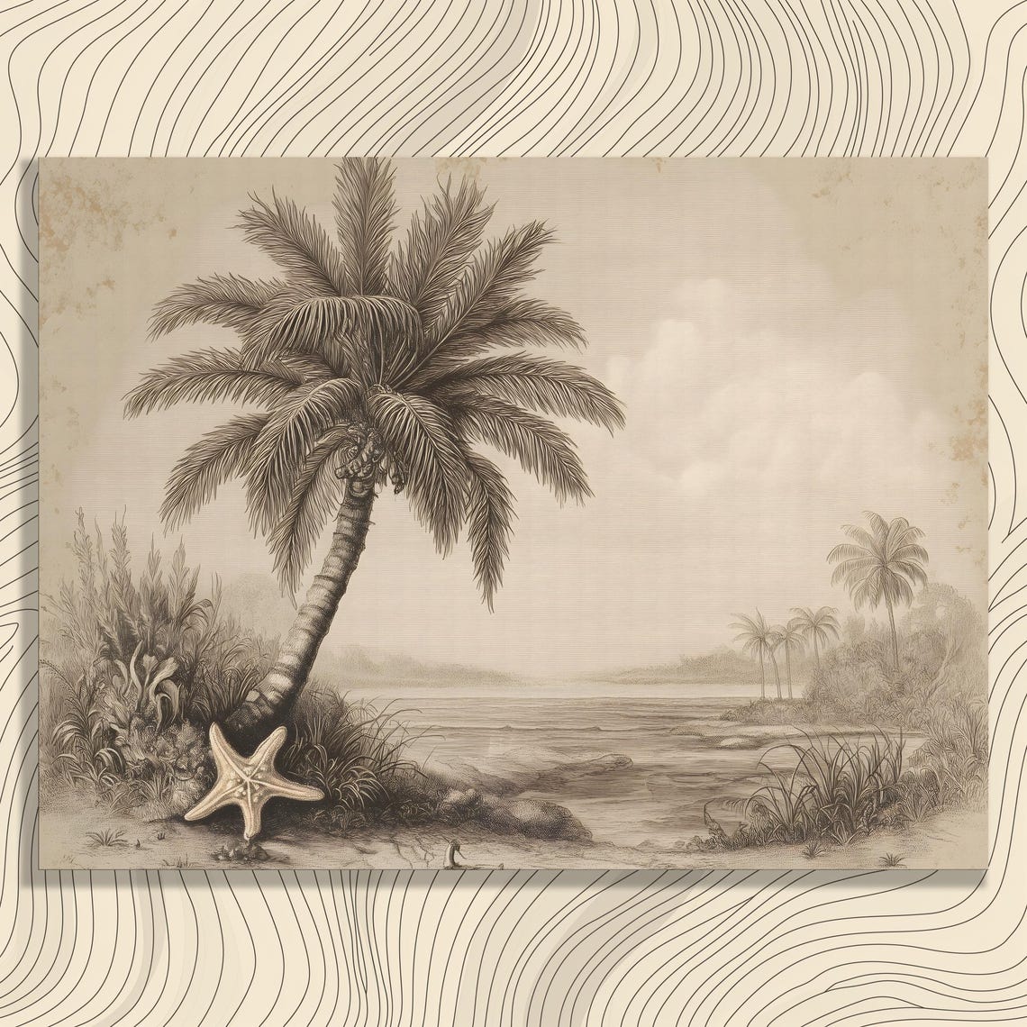 Tropical Beach Palm Tree Starfish Sepia Vintage Coastal Poster