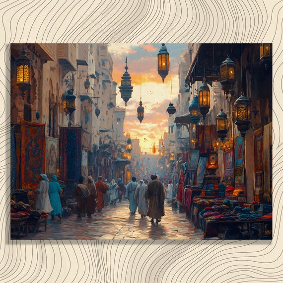 Vibrant Street Market Canvas Wall Art Bohemian Vintage Bazaar Sunset Print With Lanterns And Colorful Textiles For Lovers