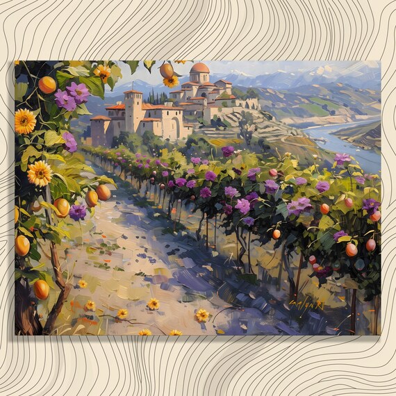 Sunlit Vineyard Monastery Hill River Valley Purple Flower Poster