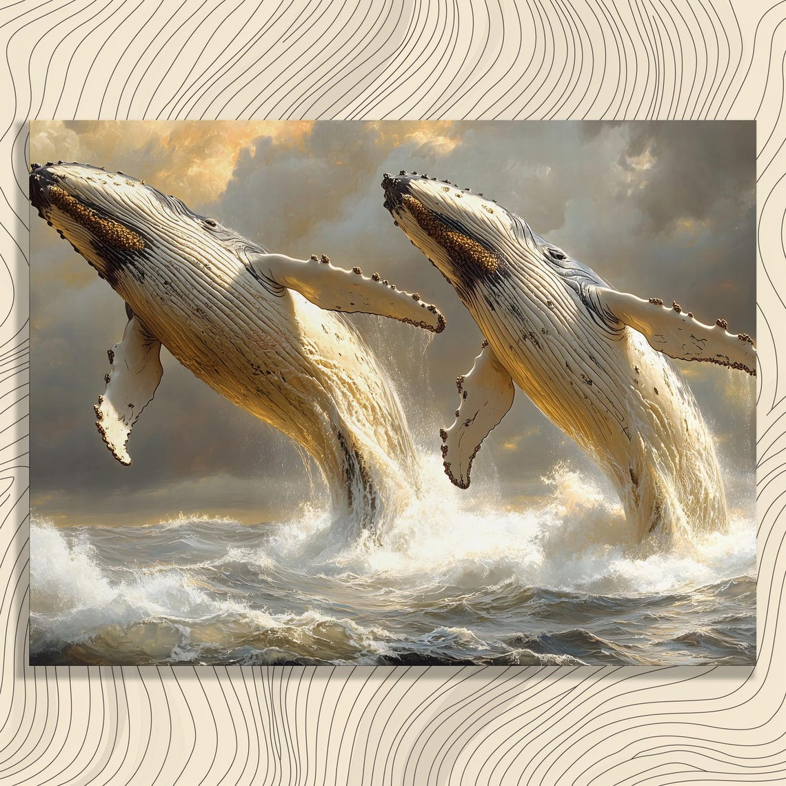 Humpback Whales Breaching Golden Sunset Ocean Wildlife Painting Poster