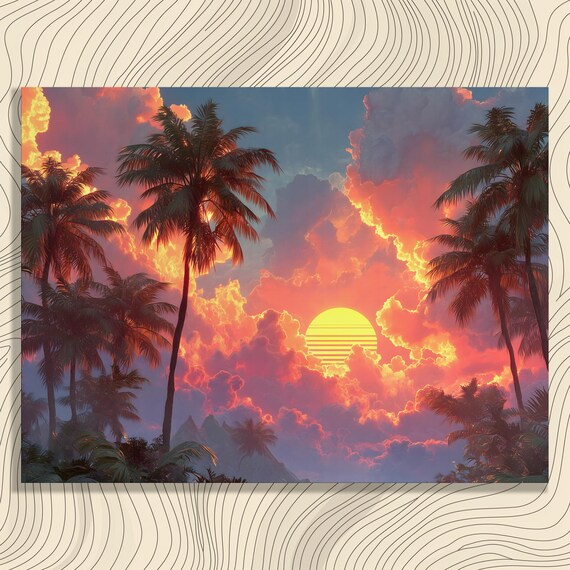 Vibrant Retro Sunset Palm Trees Synthwave Orange Sky Art Poster