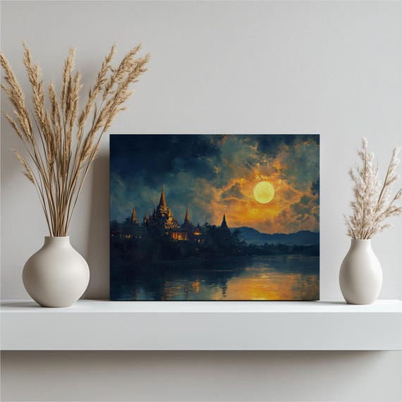 Cambodia Temple Sunset Moon Reflection Canvas Wall Art Colorful Landscape Nature Silhouette Painting For Home Decor Living Room Bedroom