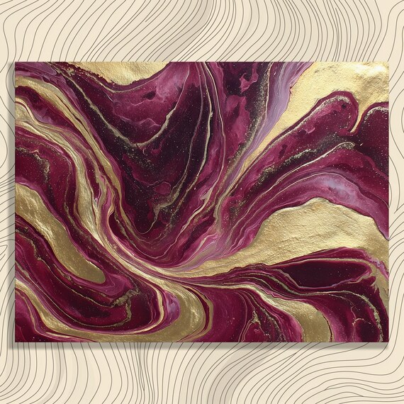 Abstract Gold Marble Canvas Wall Art Geode Inspired Burgundy Vein Print Metallic Texture Fluid Swirl Modern Decor For Luxury Home