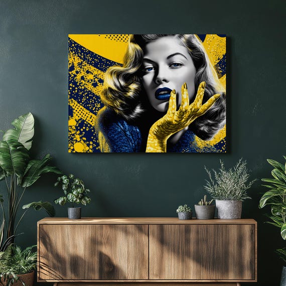 Retro Glam Portrait Canvas Wall Art Pop Woman With Blue Lipstick Yellow Glove Contemporary Colorful Fashion Modern Decor