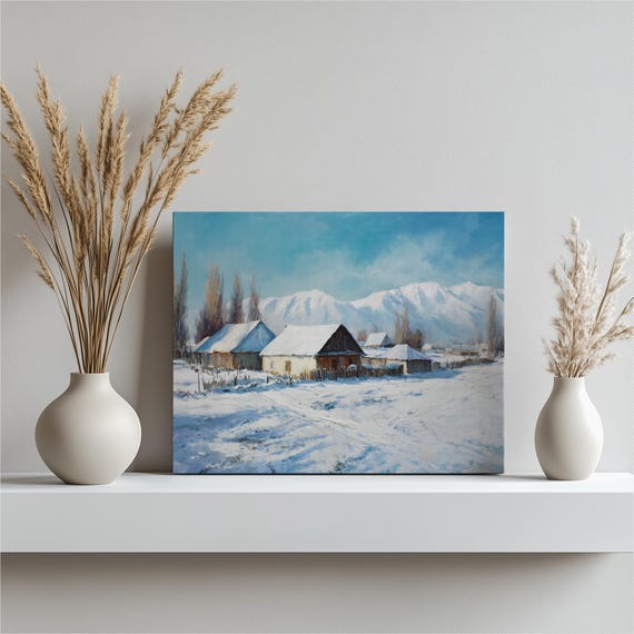 Winter Landscape Canvas Wall Art Snowy Village Painting With Mountain Range Country Cottages Farmhouse Decor Traditional Nature