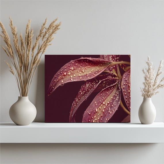 Modern Lily Canvas Wall Art Pink Flower Macro Photography With Dew Drops Botanical Print Floral Nature Artwork Close Up Detail