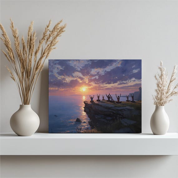 Sunset Yoga Canvas Wall Art Ocean Cliff Meditation Group Silhouette Sunrise Sky Landscape Print Wellness Decor Inspirational Gift
