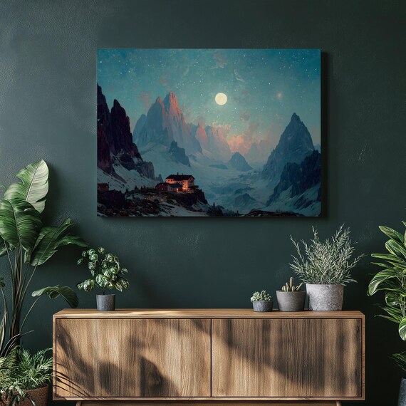 Moonlit Mountain Cabin Canvas Wall Art Serene Starry Night Landscape Print With Snow Peak Twilight Scene Decor Rustic Lodge