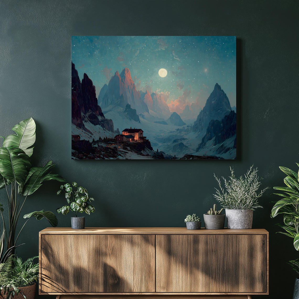 Moonlit Snowy Mountain Cabin Under Full Moon Starry Night Wall Art