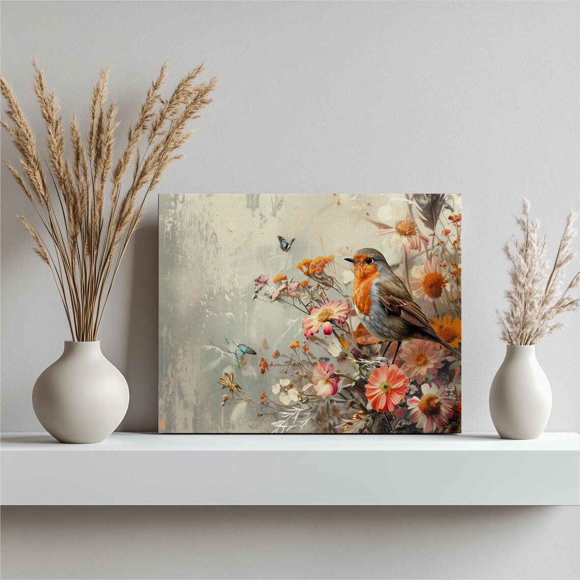 European Robin Wildflowers Vintage Bird Garden Nature Art Poster