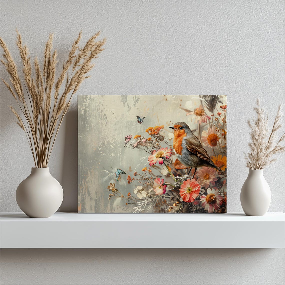 Robin Canvas Wall Art Colorful Bird Painting With Flowers And Oil Texture Decoration For Living Room Office Entrance Toilet Or Bedroom