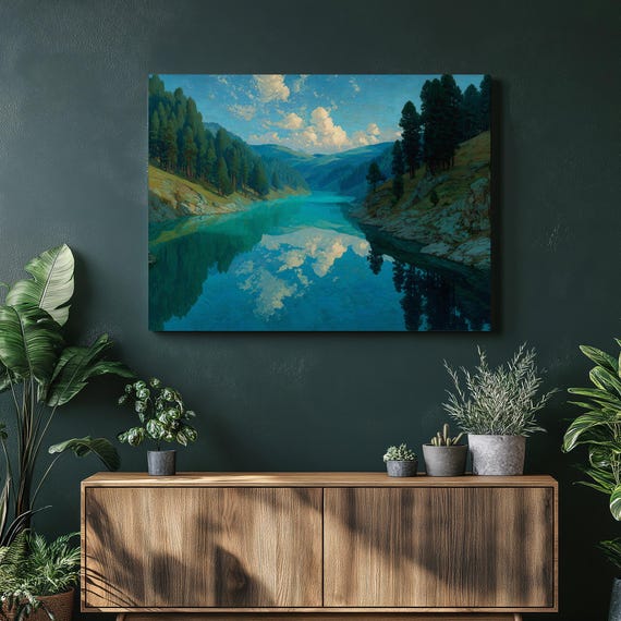 Serene Mountain Lake Canvas Wall Art Scenery Nature Landscape Forest Reflection Painting Decor Home Gift Print