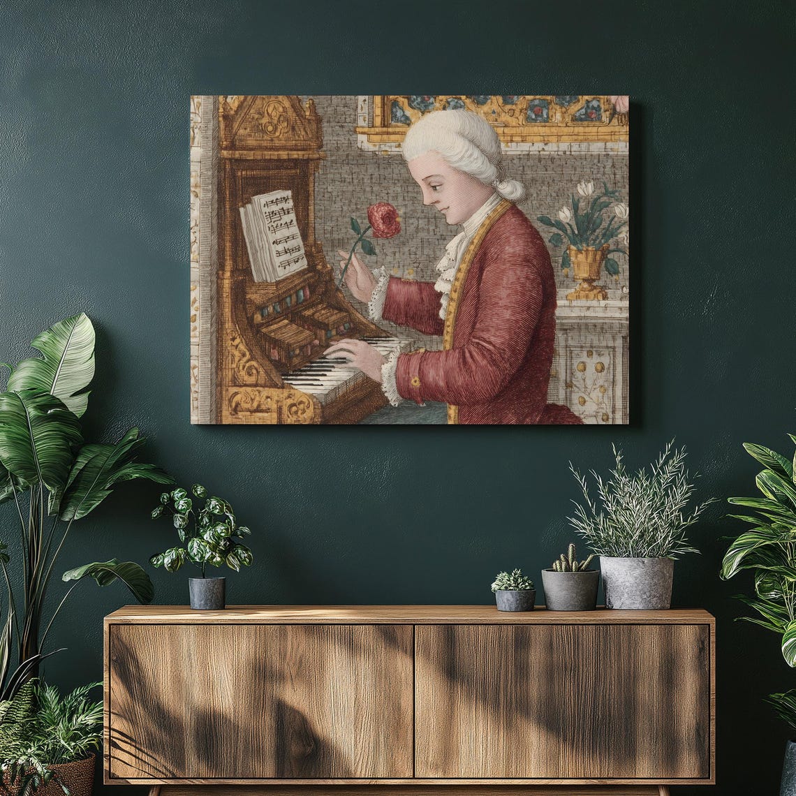 Rococo Musician with Harpsichord Holding Red Rose Art Poster