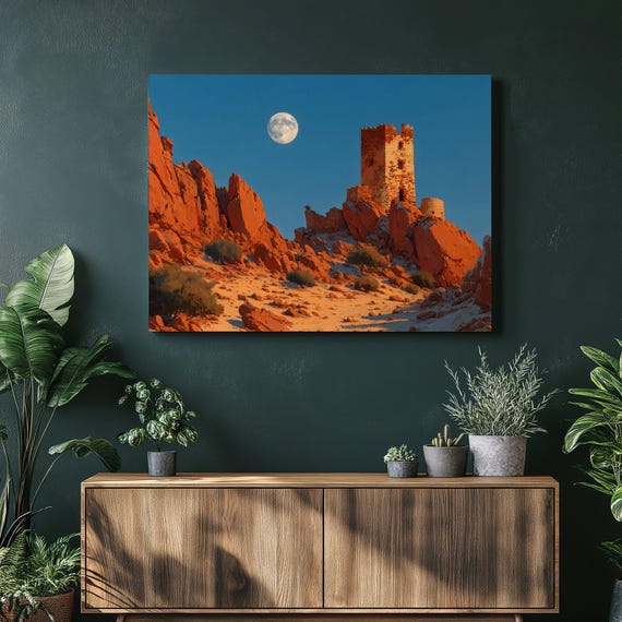 Desert Moon Ancient Tower Ruins Red Rock Canyon Southwest Poster