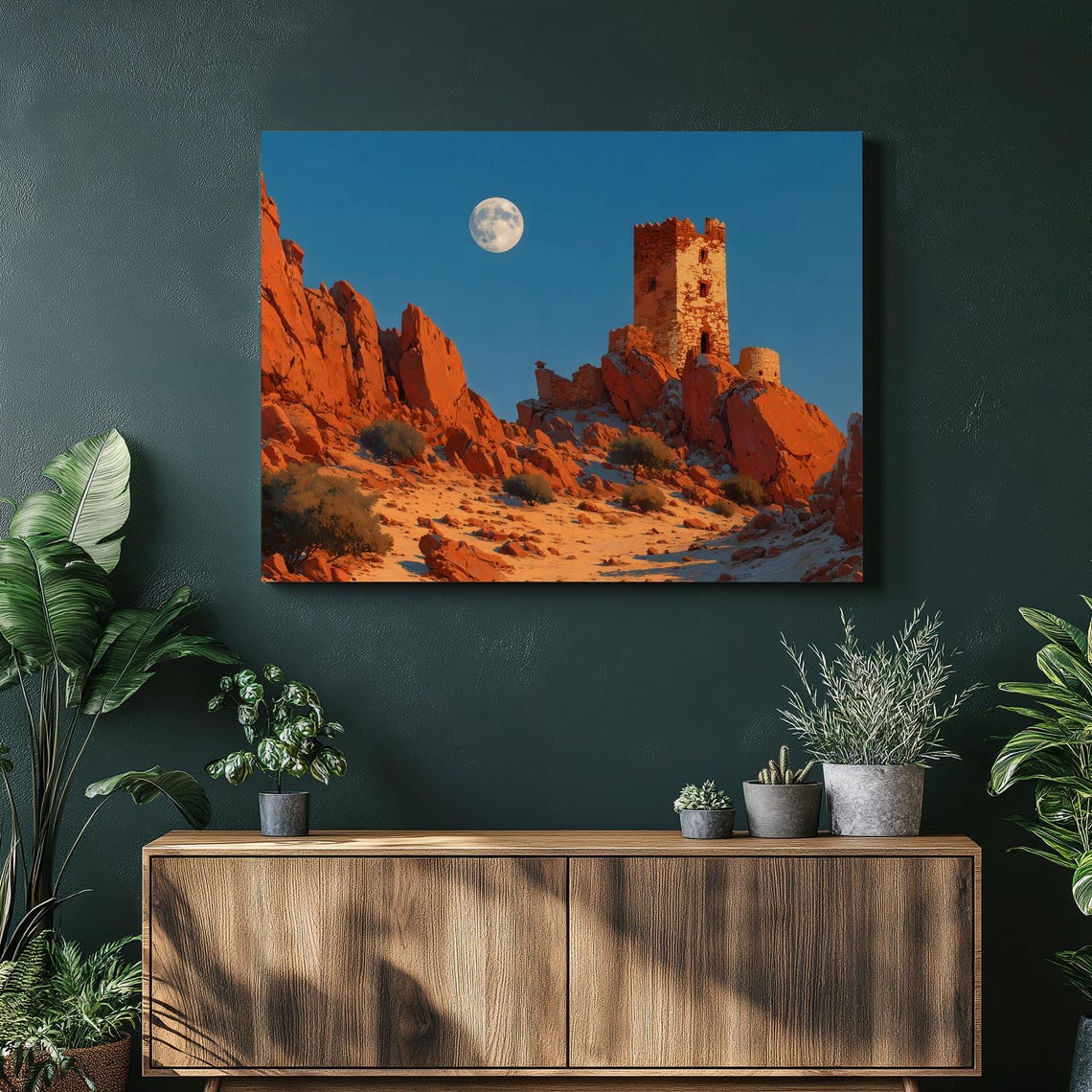 Desert Moon Ancient Tower Ruins Red Rock Canyon Southwest Poster