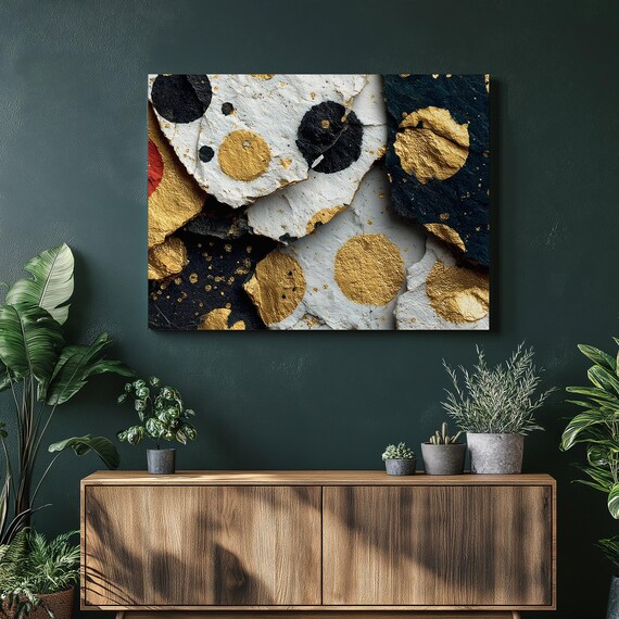Abstract Gold Leaf Canvas Wall Art Modern Geometric Print Textured Painting Metallic Accents Circle Minimalist Collage Decor