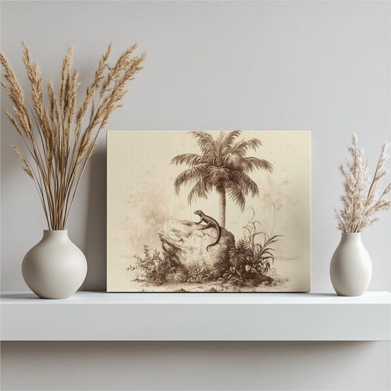 Vintage Tropical Lizard Canvas Wall Art Sepia Palm Tree Print Botanical Illustration With Jungle Foliage Reptile Wildlife Decor