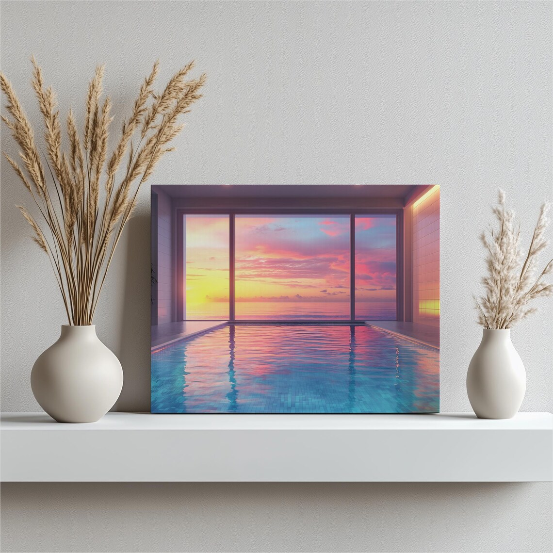 Sunset Ocean View Indoor Pool Pink Sky Coastal Canvas Wall Art