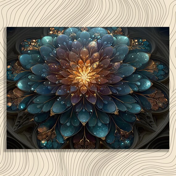 Dark Teal Mandala Bloom Gold Center Abstract Floral Wall Art