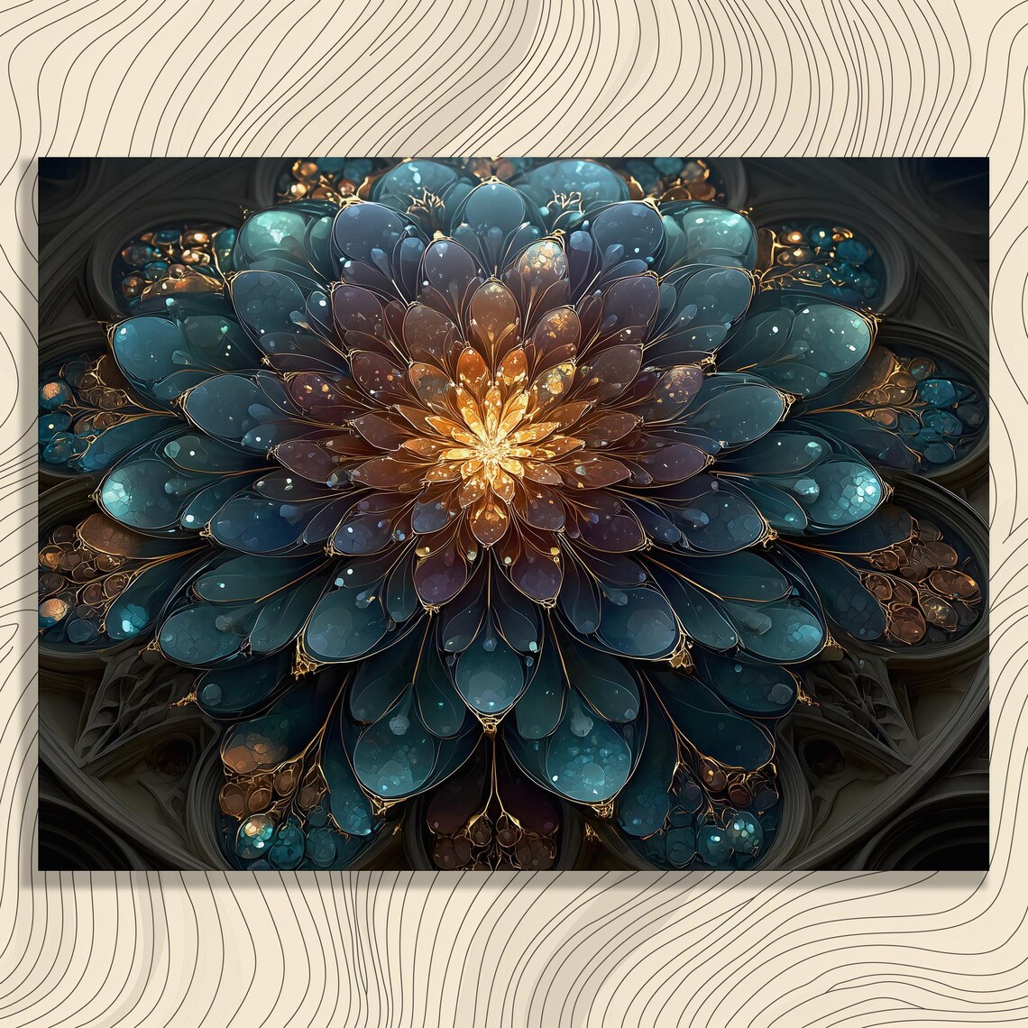 Dark Teal Mandala Bloom Gold Center Abstract Floral Wall Art