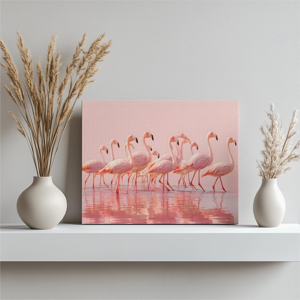 Pink Flamingos Reflection Canvas Wall Art Modern Minimalist Tropical Bird Print Coastal Decor Nature Wildlife Pastel Lagoon