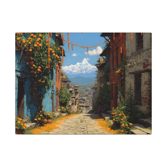 Himalayan Village Lane Canvas Wall Art Colorful Rustic Painting Of Houses Along Cobblestone Alley With Marigold Snow Mountain Valley