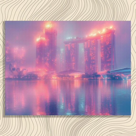 Dreamy Cityscape Canvas Wall Art Modern Urban Skyline Water Reflection Print Decor Misty Skyscrapers Architecture