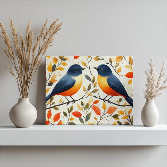 Bluebirds On Branches Canvas Wall Art Autumn Foliage Nature Illustration Rustic Bird Decor Modern Farmhouse Accent Print For Living Spaces