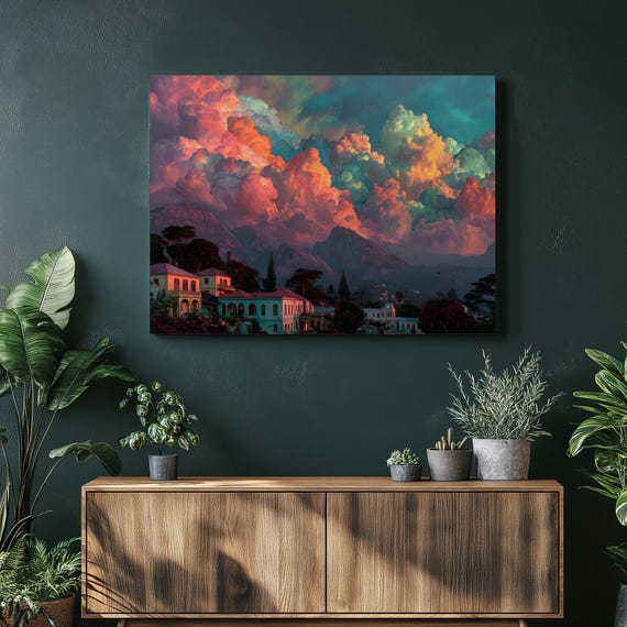 Tropical Sunset Canvas Wall Art Colorful Clouds Mountain Village Landscape Print Vibrant Sky Range Nature Decor