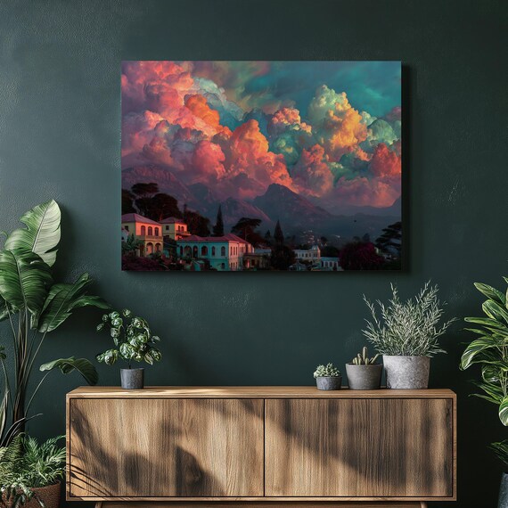 Tropical Sunset Over Mountain Village Colorful Clouds Sky Poster