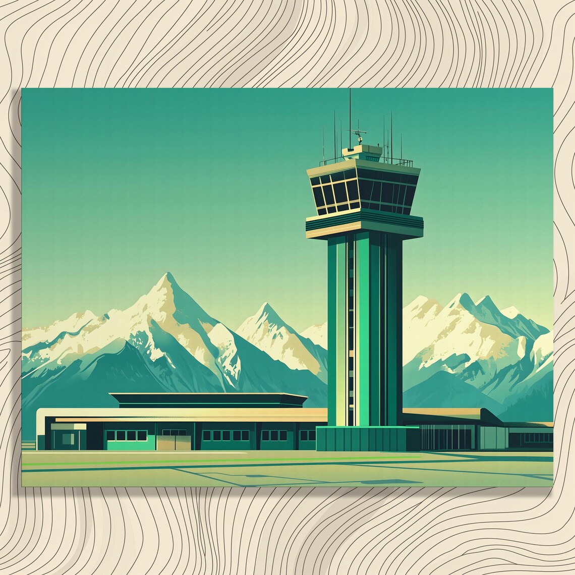 Retro Airport Control Tower Snowy Mountains Mid Century Travel Poster